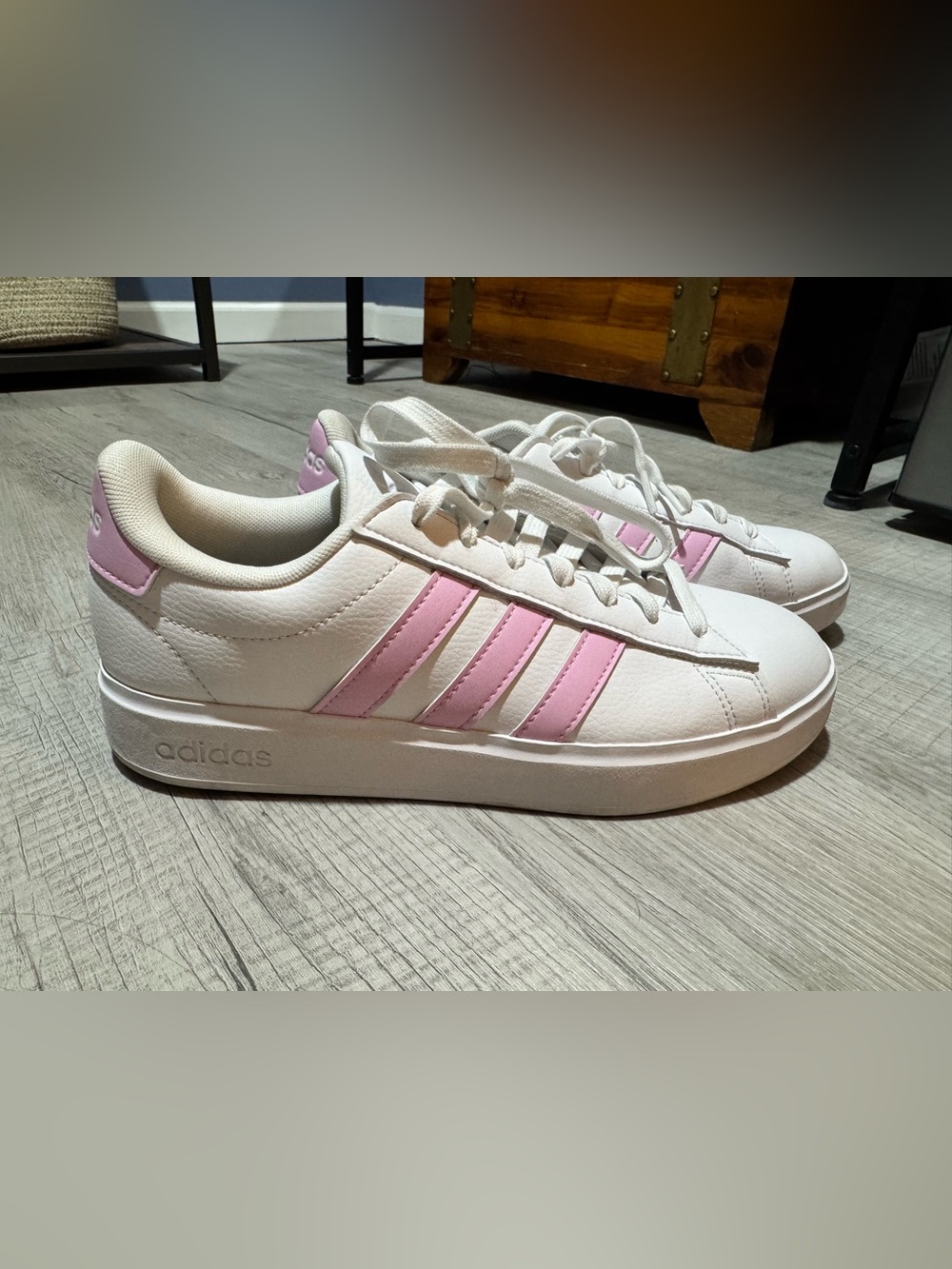 adidas White Sneakers with Pink Stripes and Low-Top Silhouette